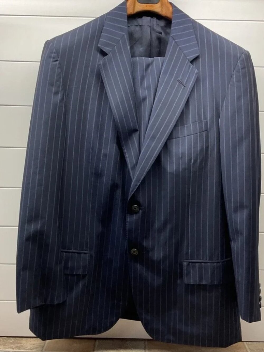 Report Oxxford Clothes Larrimors Navy Pinstripe Suit 2 Button Double Vent Wool B